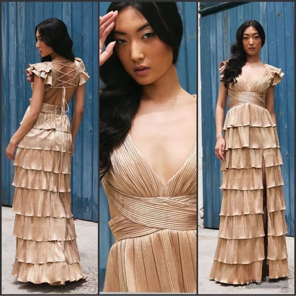 Mac Duggal Size 10 Gold Ruffle Tiered Criss Cross Lace Up Gown Maxi Dress
